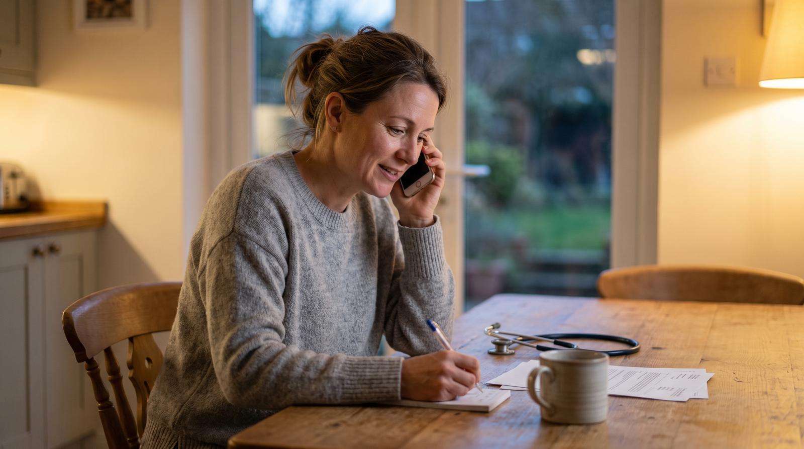 A physician at home in the evening, taking a call at the kitchen table and writing notes